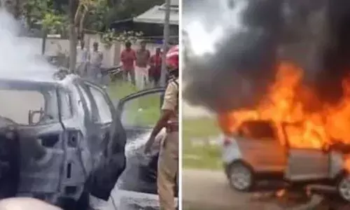 ഓടിക്കൊണ്ടിരുന്ന കാറിന് തീ പിടിച്ചു; ദമ്പതികൾ രക്ഷപ്പെട്ടത് തലനാരിഴയ്ക്ക്; സംഭവം കൊല്ലത്ത്