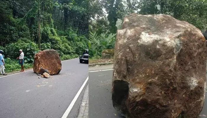 ഈരാറ്റുപേട്ട-വാഗമണ്‍ റോഡില്‍ കൂറ്റന്‍ പാറക്കല്ല്  റോഡില്‍  പതിച്ചു; അപകടം ഒഴിവായത് തലനാരിഴയ്ക്ക്; ഇടുക്കിയില്‍ കനത്ത മഴ, ഓറഞ്ച് അലേര്‍ട്ട്