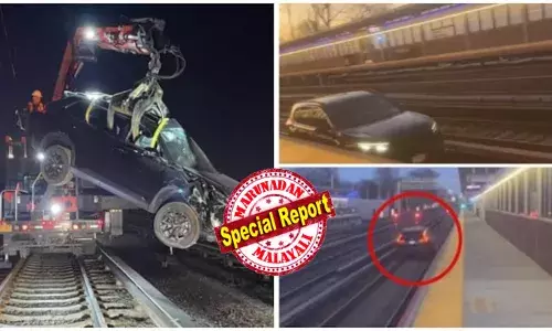 അടിച്ചു കോൺ തെറ്റി കാറുമായി യുവാവ് റോഡിൽ; നേരെ വെട്ടിത്തിരിച്ച് കയറ്റിയത് റെയിൽവേ പാളത്തിൽ; ട്രാക്കിലൂടെ പറപ്പിച്ച് ഡ്രൈവിംഗ്; ടയറുകൾ കത്തിതകർന്നു; അമ്പരന്ന് വിളിച്ച് ആളുകൾ; റെയിൽ ഗതാഗതം നിർത്തിവെച്ചു; ദൃശ്യങ്ങൾ പുറത്ത്; മദ്യലഹരിയിൽ എസ്.യു.വി യുമായി ഇറങ്ങിയ യുവാവിന് സംഭവിച്ചത്!