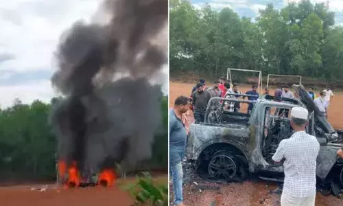 അഭ്യാസ പ്രകടനത്തിനിടെ രജിസ്ട്രേഷന്‍ പോലുമാകാത്ത ഥാര്‍ പൂര്‍ണമായും കത്തിനശിച്ചു; വാഹനത്തിന്റെ ടയറിന് തീപിടിച്ച് അപകടം; വാഹനത്തിനകത്ത് ഉണ്ടായിരുന്നവര്‍ രക്ഷപ്പെട്ടത് തലനാരിഴക്ക്