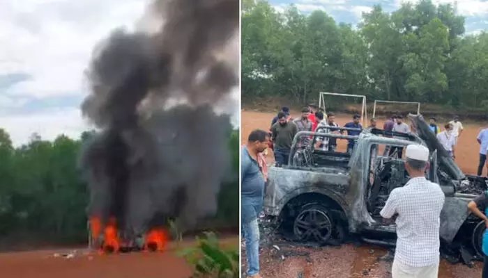 അഭ്യാസ പ്രകടനത്തിനിടെ രജിസ്ട്രേഷന് പോലുമാകാത്ത ഥാര് പൂര്ണമായും കത്തിനശിച്ചു; വാഹനത്തിന്റെ ടയറിന് തീപിടിച്ച് അപകടം; വാഹനത്തിനകത്ത് ഉണ്ടായിരുന്നവര് രക്ഷപ്പെട്ടത് തലനാരിഴക്ക് അഭ്യാസ പ്രകടനത്തിനിടെ രജിസ്ട്രേഷന് പോലുമാകാത്ത ഥാര് പൂര്ണമായും കത്തിനശിച്ചു; വാഹനത്തിന്റെ ടയറിന് തീപിടിച്ച് അപകടം; വാഹനത്തിനകത്ത് ഉണ്ടായിരുന്നവര് രക്ഷപ്പെട്ടത് തലനാരിഴക്ക്