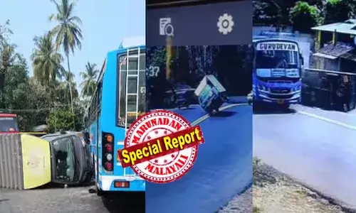 അമിതവേഗതയിൽ പാഞ്ഞെത്തി മിനി ലോറി; ചെറിയ വളവ് തിരിക്കുന്നതിനിടെ വളയത്തിന്റെ കൺട്രോൾ മുഴുവൻ നഷ്ടമായി; ലോറി ചെരിഞ്ഞുമറിഞ്ഞ് ഞെരുങ്ങി നീങ്ങിയെത്തി; എതിർദിശയിൽ കുതിച്ചെത്തി മറ്റൊരു ബസ്; വെട്ടിച്ച് മാറ്റി ഡ്രൈവറുടെ മനസാന്നിധ്യം; ഒഴിവായത് വൻ ദുരന്തം; ഭയപ്പെടുത്തുന്ന ദൃശ്യങ്ങൾ പുറത്ത്
