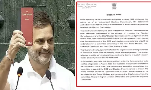 അര്‍ദ്ധരാത്രിയിലെ നിയമനം അനാദരവും മര്യാദയില്ലാത്തും; നിയമന സമിതിയില്‍ നിന്ന് ചീഫ് ജസ്റ്റിസിനെ സുപ്രീം കോടതി ഉത്തരവ് ലംഘിച്ച് പുറത്താക്കി; തിരഞ്ഞെടുപ്പ് പ്രക്രിയയില്‍ എക്‌സിക്യൂട്ടീവിന്റെ ഇടപെടലുകള്‍ പാടില്ല; മുഖ്യതിരഞ്ഞെടുപ്പ് കമ്മീഷണര്‍ നിയമനത്തില്‍ വിയോജന കുറിപ്പ് പുറത്തുവിട്ട് രാഹുല്‍ ഗാന്ധി