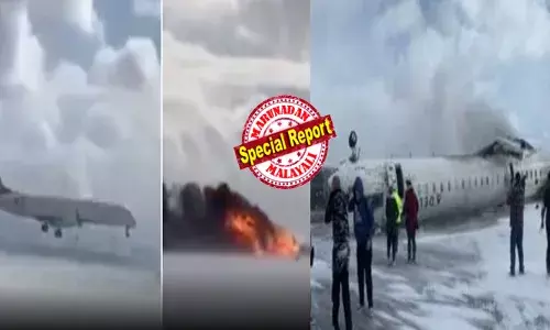 മഞ്ഞിലേക്ക് ലാൻഡ് ചെയ്തപ്പോഴേ ടയറുകൾ തെന്നി തീ പിടിച്ചു; അഗ്നി പടരുന്നതിനിടയിൽ വിമാനം തലകീഴായി മറിഞ്ഞു; മഞ്ഞ് മൂടി കിടക്കുന്ന റൺവെയിൽ ലാൻഡ് ചെയ്ത അപകടത്തിലേക്ക് നീങ്ങുന്ന വീഡിയോ പുറത്ത്: രക്ഷപ്പെടൽ അവിശ്വസനീയം