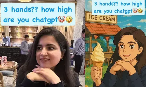 ഒരു കൈയില്‍ ഐസ്‌ക്രീം; മറ്റ് രണ്ട് കൈകള്‍ താടിയ്ക്ക് താഴെ ചേര്‍ത്ത് പിടിച്ചിരിക്കുന്ന നിലയില്‍; മൂന്ന് കൈകളുള്ള വിചിത്രമായ ഗിബ്ലി ഇമേജ് കണ്ട് ഞെട്ടിപ്പോയെന്ന് യുവതി;  ദന്ത ഡോക്ടറുടെ റീല്‍സ് വൈറലാകുന്നു