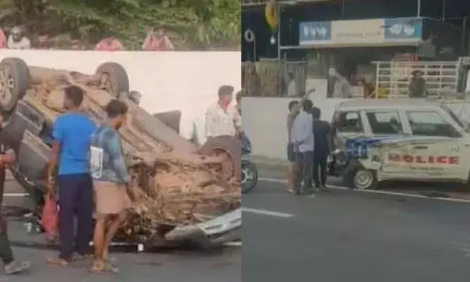 കാർ നിയന്ത്രണം വിട്ട് പോലീസ് ജീപ്പിലിടിച്ചു; വാഹനം തലകീഴായി മറിഞ്ഞു; രണ്ട് പോലീസുകാർക്കും രണ്ട് യാത്രക്കാർക്കും പരിക്ക്; സംഭവം കോഴിക്കോട് കാർ നിയന്ത്രണം വിട്ട് പോലീസ് ജീപ്പിലിടിച്ചു; വാഹനം തലകീഴായി മറിഞ്ഞു; രണ്ട് പോലീസുകാർക്കും രണ്ട് യാത്രക്കാർക്കും പരിക്ക്; സംഭവം കോഴിക്കോട്