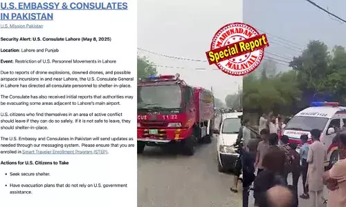 ഇന്ത്യന്‍ സൈനിക കേന്ദ്രങ്ങളെ ആക്രമിക്കാന്‍ ശ്രമിച്ചതിന് കനത്ത തിരിച്ചടി;  ഇന്ത്യന്‍ ഡ്രോണ്‍ ആക്രമണത്തിന് പിന്നാലെ ലാഹോര്‍ വിടാന്‍ പൗരന്‍മാര്‍ക്ക് നിര്‍ദേശം നല്‍കി യു.എസ്. എംബസി;  അടിയന്തര യോഗം വിളിച്ച് പാക്കിസ്ഥാന്‍ പ്രധാനമന്ത്രി