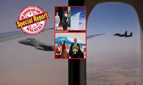 നീലാകാശത്തൂടെ കുതിച്ച് ആ രാജകീയ വിമാനം; 40,000 അടി ഉയരത്തിൽ പറന്ന് ഭീമൻ; സൗദി ബോർഡറിൽ പ്രവേശിച്ചതും ഇടി മുഴക്കം പോലെ ശബ്ദം; എയര്‍ഫോഴ്സ് വൺ ന്റെ ഇരുവശത്തും കാവലായി നാല് ഫൈറ്റർ ജെറ്റുകൾ; കൈവീശി കാണിച്ച് പൈലറ്റുമാർ; മോദിക്ക് പിന്നാലെ ട്രംപിനും റോയൽ എസ്കോർട്ട് നൽകി സ്വീകരണം; വൈറലായി വീഡിയോ!