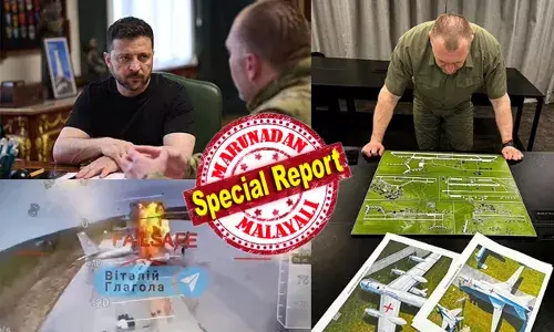 സെലന്‍സ്‌കിയുടെ പ്ലാനിംഗ്, സെക്യൂരിറ്റി സര്‍വീസ് ഓഫ് യുക്രൈന്റെ നടപ്പാക്കല്‍;  ഒലെന്യ വ്യോമതാവളത്തിലെ ആക്രമണം പുടിനെ വിറളി പിടിപ്പിക്കും; ആ ഏഴ് ബില്യണ്‍ ഡോളറിന്റെ ആണായുധ വാഹക ബോംബറുകളും തകര്‍ത്തു; റഷ്യക്കെതിരെ തൊടുത്തത്  117 ഡ്രോണുകളെന്ന് സെലന്‍സ്‌കി; എ. ഐ സാങ്കേതിക വിദ്യയും യുദ്ധമുഖത്ത് എത്തിയപ്പോള്‍ പകച്ച് റഷ്യ