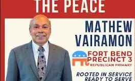 ഫോര്ട്ട് ബെന്ഡ് കൗണ്ടി ജസ്റ്റിസ് ഓഫ് പീസ് പ്രിസിന്ക്റ്റ് 3-ലേക്ക് ഡോ. മാത്യു വൈരമണ് മത്സരിക്കുന്നു. കിക്ക് ഓഫ് ജൂലൈ 5 ന് ശനിയാഴ്ച ഫോര്ട്ട് ബെന്ഡ് കൗണ്ടി ജസ്റ്റിസ് ഓഫ് പീസ് പ്രിസിന്ക്റ്റ് 3-ലേക്ക് ഡോ. മാത്യു വൈരമണ് മത്സരിക്കുന്നു. കിക്ക് ഓഫ് ജൂലൈ 5 ന് ശനിയാഴ്ച