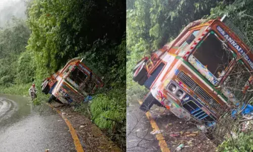 പാതിരാത്രി ചരക്കുമായി ചുരമിറങ്ങുന്നതിനിടെ അപകടം; ലോറി റോഡിൽ നിന്ന് തെന്നിമാറി; ഒഴിവായത് വൻ അപകടം; സംഭവം താമരശ്ശേരി ചുരത്തിൽ
