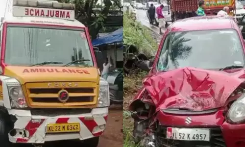 രോഗിയുമായി പോകവേ ആംബുലൻസ് കാറുമായി കൂട്ടിയിടിച്ച് വൻ അപകടം; യാത്രക്കാർക്ക് പരിക്ക്; ആശുപത്രിയിൽ പ്രവേശിപ്പിച്ചു