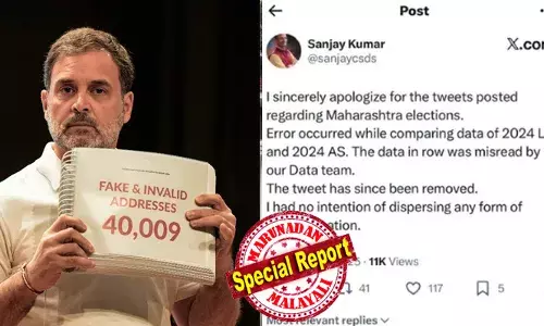 ഇന്നലെ തെരഞ്ഞെടുപ്പ് കമ്മീഷനെ ബിജെപി വക്താവെന്ന് പരിഹസിച്ചു; ഇന്ന് ആ കണക്കുകൂട്ടല്‍ തെറ്റിയതിന് ക്ഷമാപണം; ലോക്‌സഭ തെരഞ്ഞെടുപ്പിന്റെയും നിയമസഭ സീറ്റിലെയും ഡാറ്റ പരിശോധനയില്‍ പിശകുപറ്റിയെന്ന് തുറന്നുപറഞ്ഞ് സഞ്ജയ് കുമാര്‍;  മഹാരാഷ്ട്രയിലെ വോട്ടര്‍മാരെ അപകീര്‍ത്തിപ്പെടുത്താന്‍ രാഹുല്‍ ഗാന്ധി ആശ്രയിച്ച സ്ഥാപനം തെറ്റ് തുറന്നു സമ്മതിച്ചെന്ന് ബിജെപി; ബിഹാര്‍ യാത്ര ഉപേക്ഷിക്കണമെന്ന് ആവശ്യം