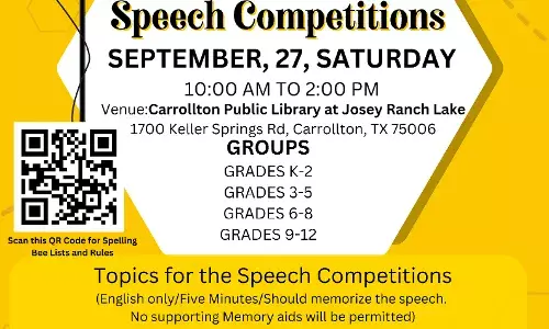 ഡാലസ് കേരള അസോസിയേഷന് ഓഫ് ഡാലസും ഇന്ത്യാ കള്ച്ചറല് ആന്ഡ് എജ്യുക്കേഷന് സെന്ററും സംയുക്തമായി കുട്ടികള്ക്കായി സ്പെല്ലിംഗ് ബീ, പ്രസംഗ മത്സരങ്ങള് സംഘടിപ്പിക്കുന്നു ഡാലസ് കേരള അസോസിയേഷന് ഓഫ് ഡാലസും ഇന്ത്യാ കള്ച്ചറല് ആന്ഡ് എജ്യുക്കേഷന് സെന്ററും സംയുക്തമായി കുട്ടികള്ക്കായി സ്പെല്ലിംഗ് ബീ, പ്രസംഗ മത്സരങ്ങള് സംഘടിപ്പിക്കുന്നു
