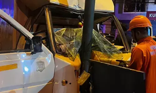 നിയന്ത്രണം തെറ്റി തെരുവുവിളക്കിലേക്ക് ഇടിച്ചു കയറി പിക്കപ്പ് വാൻ; ഉള്ളിൽ കുടുങ്ങി പോയ ഡ്രൈവറെ ഫയ‌ർഫോഴ്സെത്തി രക്ഷിച്ചു; സംഭവം പട്ടത്ത്