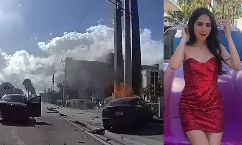 ടെസ്ല കാറിനെ ഓവര്‍ടേക്ക് ചെയ്യുന്നതിനിടെ എസ്.യു.വി. ഇടിച്ചു;  നിയന്ത്രണം വിട്ട് തൂണിലിടിച്ച് കാറിന് തീപിടിച്ചു; 24കാരിക്ക് ദാരുണാന്ത്യം