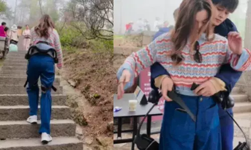 ഇനി മുട്ട് വേദന ഉള്ളവർക്കും മലകയറാം..!!; കുത്തനെയുള്ള പടവുകൾ കയറാൻ നിങ്ങളെ റോബോട്ട് കാലുകൾ സഹായിക്കും; ചുമ്മാ..ഈസിയായി കയറി യുവതി; വൈറലായി വീഡിയോ