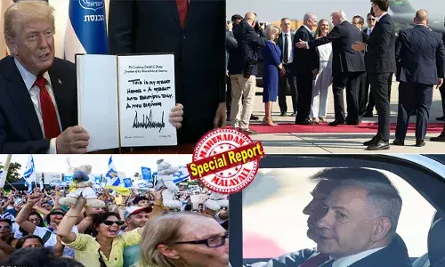 സമാധാന നൊബേല്‍ കിട്ടിയില്ലെങ്കിലും ട്രംപ് ഇസ്രയേലികളുടെ ഹീറോ; ടെല്‍അവീവില്‍ നെതന്യാഹു നേരിട്ടെത്തി രാജകീയ വരവേല്‍പ്പ്; താങ്ക്യു ട്രംപ് എന്ന ബാനര്‍ ഉയര്‍ത്തി സ്വാഗതം; ട്രംപ് ദി പീസ് പ്രസിഡന്റ് എന്നെഴുതിയ ചുവന്ന തൊപ്പികള്‍ ധരിച്ച് പാര്‍ലമെന്റ് അംഗങ്ങള്‍;  വലിയ ബഹുമതി, മഹത്തായതും മനോഹരവുമായ ദിവസം, ഒരു പുതിയ തുടക്കമെന്ന് യുഎസ് പ്രസിഡന്റ്