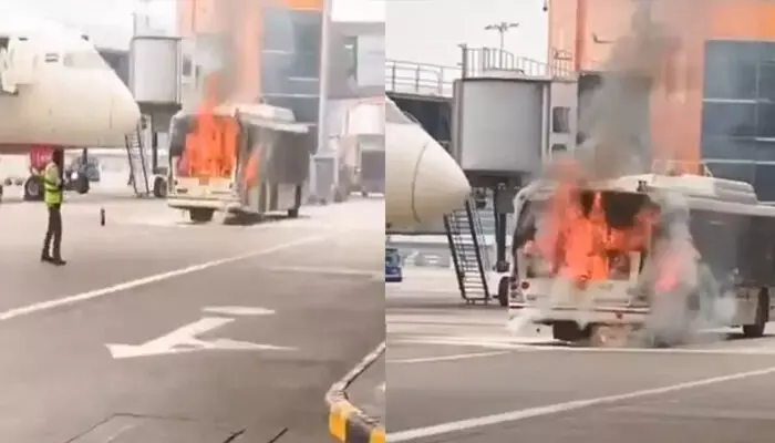 ഡല്ഹി വിമാനത്താവളത്തില് എയര് ഇന്ത്യയുടെ ട്രാന്സിറ്റ് ബസിന് തീപിടിച്ചു; മീറ്ററുകള് മാത്രം അകലെ വിമാനം;  ആളപായമില്ല; ദൃശ്യങ്ങള് പുറത്ത് ഡല്ഹി വിമാനത്താവളത്തില് എയര് ഇന്ത്യയുടെ ട്രാന്സിറ്റ് ബസിന് തീപിടിച്ചു; മീറ്ററുകള് മാത്രം അകലെ വിമാനം;  ആളപായമില്ല; ദൃശ്യങ്ങള് പുറത്ത്