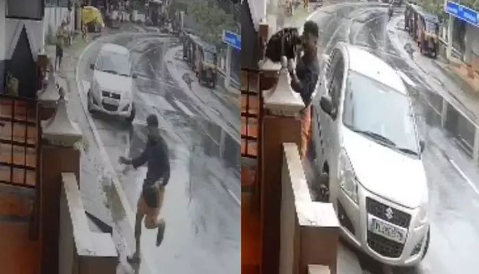 കാര് നിയന്ത്രണംവിട്ട് നടപ്പാതയിലേക്ക് ഇടിച്ചുകയറി; കാല്നടയാത്രക്കാരന് രക്ഷപ്പെട്ടത് തലനാരിഴയ്ക്ക് കാര് നിയന്ത്രണംവിട്ട് നടപ്പാതയിലേക്ക് ഇടിച്ചുകയറി; കാല്നടയാത്രക്കാരന് രക്ഷപ്പെട്ടത് തലനാരിഴയ്ക്ക്