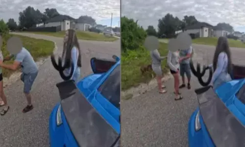 നായയുമായി നടക്കാൻ ഇറങ്ങി; പെട്ടെന്നൊരു സൂപ്പർ കാറിന്റെ വരവ്; തോക്കുമായി ചാടിയിറങ്ങി യുവതി; കുടുംബത്തെ രക്ഷിക്കാൻ ശ്രമിച്ച് യുവാവ്; ഭയപ്പെടുത്തുന്ന ചിത്രങ്ങൾ പുറത്ത്