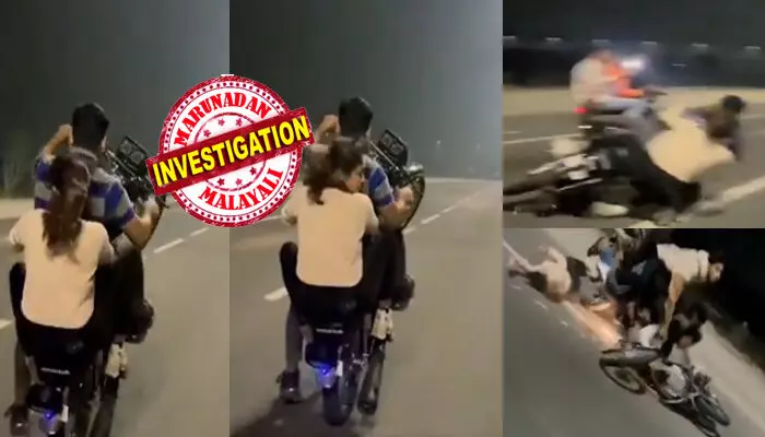 കട്ട കോൺഫിഡൻസിൽ പിന്നിലൊരു പെൺകുട്ടിയെയും ഇരുത്തി ബൈക്കർ ബോയ് യുടെ തീപ്പാറും പെർഫോമൻസ്; മെയിൻ ഹൈവേയിലൂടെ വീലി ചെയ്ത് സ്റ്റണ്ട്; മറ്റൊരു ബൈക്കിൽ കൂട്ടായി രണ്ട് ചങ്കുകൾ; എല്ലാം ആസ്വദിച്ച് പോകവേ വൻ ശബ്ദത്തിൽ കൂട്ടിയിടി; ചിരിയടക്കാൻ പറ്റാതെ സോഷ്യൽ മീഡിയ