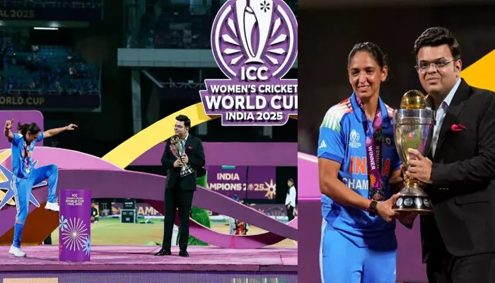 പഞ്ചാബി നൃത്തചുവടുകളോടെ ലോകകപ്പ് കിരീടം സ്വീകരിക്കാനെത്തി; ജയ്ഷായുടെ കാലില്‍ തൊടാന്‍ ശ്രമിച്ച് ഹര്‍മന്‍പ്രീത് കൗര്‍; ഇന്ത്യന്‍ ക്യാപ്റ്റനെ സ്‌നേഹപൂര്‍വം തടഞ്ഞ് ജയ് ഷാ