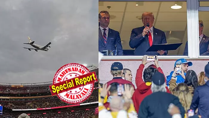 നാഷണല്‍ ഫുട്ബോള്‍ ലീഗിന്റെ ഒരു മല്‍സരം നടക്കുന്ന സ്‌റ്റേഡിയത്തിന് മുകളിലൂടെ പറന്ന് കളി കാണാനെത്തി ട്രംപ്; ആകാശക്കാഴ്ച്ച അതിശയിപ്പിക്കുന്നതെന്ന് പറഞ്ഞ് പുകഴ്ത്തല്‍; പിന്നാലെ ചോദിച്ചത് 3.7 ബില്യണ്‍ ഡോളര്‍ മുടക്കി പുതുതായി നിര്‍മിച്ച സ്റ്റേഡിയത്തിന് തന്റെ പേരിടാന്‍ പറ്റുമോ എന്ന്