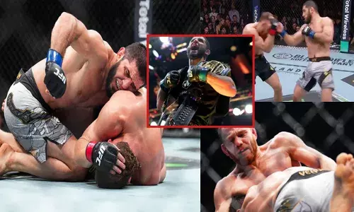 കാൽ തുടയിൽ കിട്ടിയ ആദ്യ കിക്കിൽ തന്നെ ഒന്ന് വിരണ്ട് പോയ എതിരാളി; ലോക്ക് ചെയ്ത് നിലത്തടിച്ചിട്ടും വിട്ടുകൊടുത്തില്ല; രണ്ടാം റൗണ്ട് മുതൽ റിങ്ങിൽ കണ്ടത് അതിശക്തരായ രണ്ടുപേരെ; യുഎഫ്‌സി വെൽറ്റർ വെയിറ്റ് കിരീടം നിലനിർത്തി ഇസ്ലാം മഖാചേവ്; ന്യൂയോർക്കിൽ അലതല്ലും ആവേശം