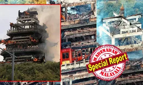 വിനോദസഞ്ചാരിയുടെ അശ്രദ്ധയിൽ കത്തിനശിച്ചത് മൂന്നുനില പുരാതന ക്ഷേത്രം; തേക്ക് കൊണ്ട് നിർമ്മിച്ച മേൽക്കൂര നിലം പതിച്ചു; 1,500 വർഷം പഴക്കമുള്ള ക്ഷേത്ര പവലിയൻ അഗ്നിക്കിരയായതോടെ പുകപടലങ്ങള്‍ ഉയർന്നു; വനപ്രദേശങ്ങളിലേക്ക് തീ പടർന്നില്ലെന്ന് അധികൃതർ; ഒഴിവായത് വൻ ദുരന്തം