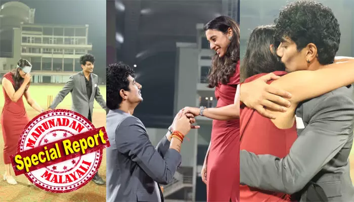 കണ്ണുകെട്ടി എത്തിച്ചത് ലോകകപ്പ് ഉയർത്തിയ മുംബൈയിലെ ഡി.വൈ. പാട്ടീൽ സ്റ്റേഡിയത്തിൽ; മോതിരം നീട്ടി പ്രൊപ്പോസ് ചെയ്ത് പലാഷ് മുച്ചൽ; യെസ് പറഞ്ഞ് സ്മൃതി മന്ദാന; എല്ലാത്തിനും സാക്ഷ്യം വഹിച്ച് കുടുംബാംഗങ്ങളും സുഹൃത്തുക്കളും; വീഡിയോ വൈറൽ