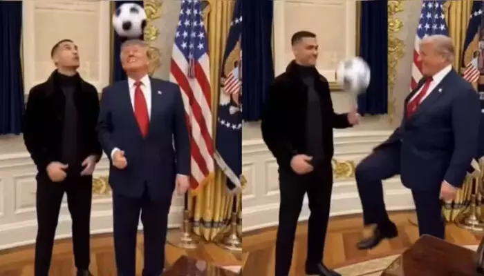 റൊണാൾഡോ ഒരു നല്ല വ്യക്തിയാണ്, സ്മാർട്ടാണ്, കൂളാണ്, കാണാൻ കഴിഞ്ഞതിൽ സന്തോഷം; വൈറ്റ് ഹൗസിൽ ഇതിഹാസ താരത്തോടൊപ്പം പന്ത് തട്ടി ഡൊണാൾഡ് ട്രംപ്; ചിരി പടർത്തി വൈറൽ വീഡിയോ