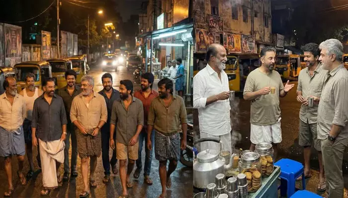 തട്ടുകടയിൽ കുശലം പറയുന്ന രജനിയും കമലും വിജയ്‌യും; കള്ളിമുണ്ടും ഷർട്ടും ധരിച്ച് അജിത്ത്; തട്ടുകടയിൽ പൊറോട്ട കഴിക്കുന്ന സൂര്യ; വൈറലായി ചിത്രങ്ങൾ