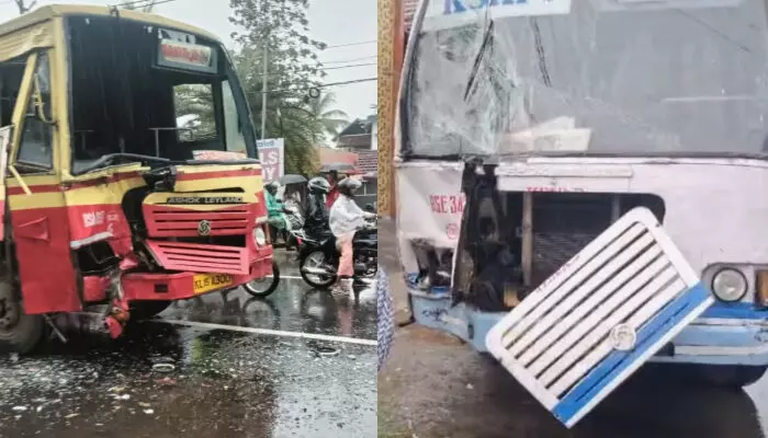 എം സി റോഡില്‍ കെഎസ്ആര്‍ടിസി ബസുകള്‍ കൂട്ടിയിടിച്ച് അപകടം; ഡ്രൈവര്‍ക്കും രണ്ട് യാത്രക്കാര്‍ക്കും പരിക്കേറ്റു