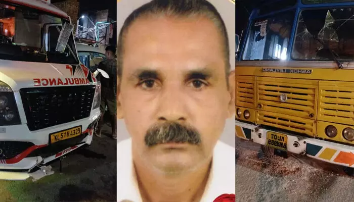 നിയന്ത്രണം വിട്ട ആംബുലൻസ് കുടിവെള്ള ടാങ്കർ ലോറിയിൽ ഇടിച്ച് മറിഞ്ഞു; രോഗി മരിച്ചു; അപകടത്തിൽ നാല് പേർക്ക് പരിക്ക്