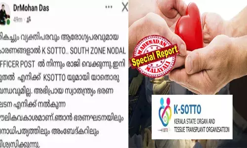കെ-സോട്ടോ പരാജയമെന്ന് തുറന്നടിച്ച വിവാദം; വിശദീകരണം തേടി ആരോഗ്യ വകുപ്പിന്റെ മെമ്മോ; പിന്നാലെ സര്‍ക്കാരിന്റെ മരണാന്തര അവയവദാന ഏജന്‍സിയില്‍ നിന്ന് രാജി വച്ച് ഡോ.മോഹന്‍ദാസ്; അഭിപ്രായ സ്വാതന്ത്ര്യം ഭരണഘടന തനിക്ക് നല്‍കുന്ന മൗലികാവകാശമെന്ന് ഫേസ്ബുക്ക് പോസ്റ്റ്