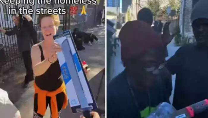 തെരുവിൽ കഴിയുന്നവരുടെ ഇടയിലേക്ക് ഒരാളുടെ വരവ്; ഭക്ഷണമെന്ന് കരുതി ഓടിയെത്തിയ ഹോംലെസ്സ്; അടുത്തെത്തിയതും വാളും വിസ്കി കുപ്പിയും നൽകി ടിക്ടോക്കർ; വ്യാപക വിമർശനം തെരുവിൽ കഴിയുന്നവരുടെ ഇടയിലേക്ക് ഒരാളുടെ വരവ്; ഭക്ഷണമെന്ന് കരുതി ഓടിയെത്തിയ ഹോംലെസ്സ്; അടുത്തെത്തിയതും വാളും വിസ്കി കുപ്പിയും നൽകി ടിക്ടോക്കർ; വ്യാപക വിമർശനം