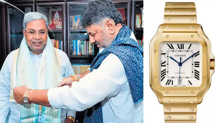 കർണാടക മുഖ്യൻ വന്നിറങ്ങിയതും കൈയ്യിൽ സ്വർണ തിളക്കം; കണ്ടത് 18 കാരറ്റ് റോസ് ഗോൾഡൺ വാച്ച്; അതെ സെയിം ബ്രാൻഡിൽ പ്രത്യക്ഷപ്പെട്ട ഡികെ ശിവകുമാറും; രൂക്ഷ വിമർശനവുമായി ബിജെപി