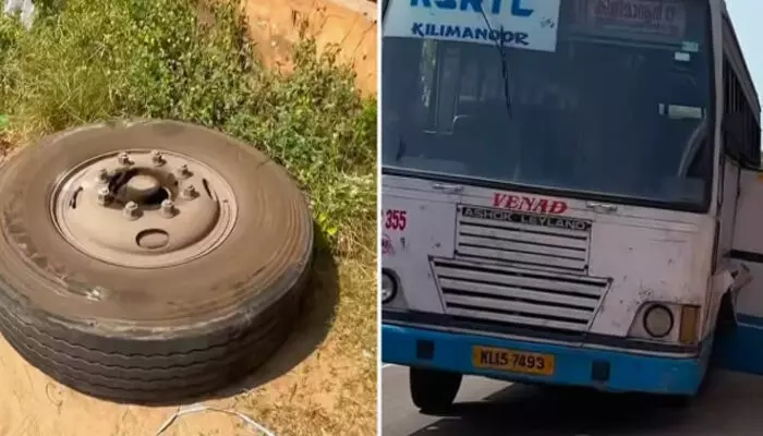കിളിമാനൂരേക്ക് പുറപ്പെട്ട സിറ്റി ഫാസ്റ്റ് ബസ്; പാതി ദൂരമെത്തിയതും ഉഗ്രശബ്ദം; ഓടിക്കൊണ്ടിരിക്കെ മുന്നിലെ ടയർ ഇളകിത്തെറിച്ച് അപകടം; പരിഭ്രാന്തിയിൽ യാത്രക്കാർ; ഒഴിവായത് വൻ അപകടം