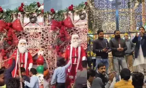സാന്താക്ലോസിനെ കാണേണ്ടെന്ന മുദ്രാവാക്യവുമായി റായ്പൂരിലെ മാളിൽ ആക്രമണം; യുപിയിൽ ദേവാലയത്തിന് മുന്നിൽ ഹനുമാൻ ചാലിസ ചൊല്ലി പ്രതിഷേധം; ക്രിസ്മസ് ദിനത്തിലും  ആക്രമണം തുടരുന്നു