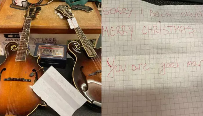 മദ്യലഹരിയിൽ ചെയ്ത് പോയത്..അപ്പൊ എല്ലാവർക്കും ഹാപ്പി ക്രിസ്മസ്..; അടിച്ചുമാറ്റിയ ഗിറ്റാർ അതെ കടയിൽ തന്നെ തിരികെ വച്ച് സത്യസന്ധനായ കള്ളൻ; കൂടെ ഒരു കുറിപ്പും മദ്യലഹരിയിൽ ചെയ്ത് പോയത്..അപ്പൊ എല്ലാവർക്കും ഹാപ്പി ക്രിസ്മസ്..; അടിച്ചുമാറ്റിയ ഗിറ്റാർ അതെ കടയിൽ തന്നെ തിരികെ വച്ച് സത്യസന്ധനായ കള്ളൻ; കൂടെ ഒരു കുറിപ്പും