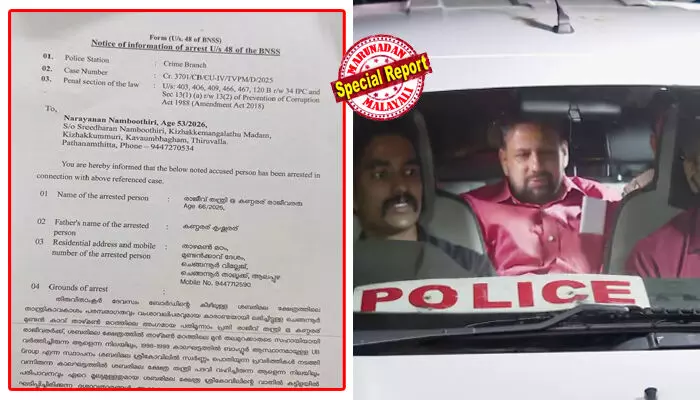 ദേവന്റെ അനുജ്ഞ വാങ്ങിയില്ല, ആചാരലംഘനത്തിന് കുറ്റകരമായ മൗനം; സ്വര്ണക്കട്ടിളപ്പാളി ക്ഷേത്രത്തില് നിന്ന് പുറത്തേക്ക് കൊണ്ടുപോകാന് ഒത്താശ ചെയ്തു; എ പത്മകുമാര് സൂചിപ്പിച്ച ദൈവതുല്യന് തന്ത്രി തന്നെ! ആദ്യം തള്ളി, ഒടുവില് ഒപ്പുകള് ചതിച്ചു; മൊഴികളിലും തെളിവുകളിലും കുടുങ്ങി കണ്ഠരര് രാജീവര്; അറസ്റ്റ് നോട്ടീസിലെ ഞെട്ടിക്കുന്ന വെളിപ്പെടുത്തലുകള് ദേവന്റെ അനുജ്ഞ വാങ്ങിയില്ല, ആചാരലംഘനത്തിന് കുറ്റകരമായ മൗനം; സ്വര്ണക്കട്ടിളപ്പാളി ക്ഷേത്രത്തില് നിന്ന് പുറത്തേക്ക് കൊണ്ടുപോകാന് ഒത്താശ ചെയ്തു; എ പത്മകുമാര് സൂചിപ്പിച്ച ദൈവതുല്യന് തന്ത്രി തന്നെ! ആദ്യം തള്ളി, ഒടുവില് ഒപ്പുകള് ചതിച്ചു; മൊഴികളിലും തെളിവുകളിലും കുടുങ്ങി കണ്ഠരര് രാജീവര്; അറസ്റ്റ് നോട്ടീസിലെ ഞെട്ടിക്കുന്ന വെളിപ്പെടുത്തലുകള്