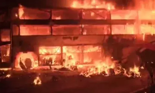 കണ്ടെയ്‌നറുമായി കൂട്ടിയിടിച്ച് സ്വകാര്യ ബസിന് തീപിടിച്ച് മൂന്നു മരണം; ആന്ധ്രാപ്രദേശിലുണ്ടായ അപകടത്തില്‍ ബസ് പൂര്‍ണ്ണമായും കത്തി നശിച്ചു: അപകടമുണ്ടായത് ബസിന്റെ ടയര്‍ പൊട്ടിത്തെറിച്ച് നിയന്ത്രണം നഷ്ടപ്പെട്ടതിനെ തുടര്‍ന്ന്