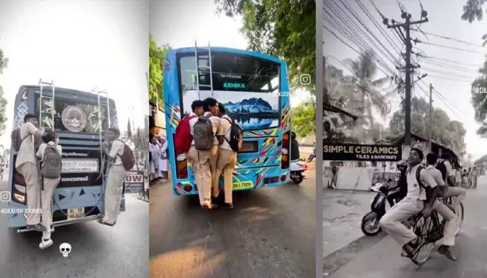 വൈറലാകാന് ചാവേറുകളാകണോ? ഓടുന്ന ബസിന് പിന്നില് മൂന്നുപേര് തൂങ്ങിക്കിടന്ന് റീല്സ്! തലശ്ശേരി സ്കൂളിലെ പിള്ളേരുടെ സാഹസികത കണ്ട് നാട്ടുകാര് ഞെട്ടി; സോഷ്യല് മീഡിയയില് വ്യാപക പ്രതിഷേധം വൈറലാകാന് ചാവേറുകളാകണോ? ഓടുന്ന ബസിന് പിന്നില് മൂന്നുപേര് തൂങ്ങിക്കിടന്ന് റീല്സ്! തലശ്ശേരി സ്കൂളിലെ പിള്ളേരുടെ സാഹസികത കണ്ട് നാട്ടുകാര് ഞെട്ടി; സോഷ്യല് മീഡിയയില് വ്യാപക പ്രതിഷേധം