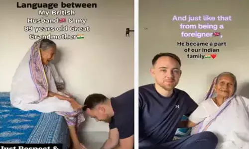 ഇന്ത്യക്കാരിയായ ഭാര്യയുടെ മുതുമുത്തശ്ശിയെ ആദ്യമായി നേരിൽക്കണ്ട ആ ബ്രിട്ടീഷ് പൗരൻ; കാൽതൊട്ട് അനുഗ്രഹം വാങ്ങുന്ന ചിത്രങ്ങൾ പുറത്ത്; ഹൃദ്യമെന്ന് സോഷ്യൽ മീഡിയ