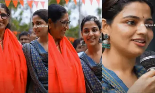 എല്ലാം...അനുഭവിച്ചറിയാൻ ഭാ​ഗ്യം ലഭിച്ചവളാണ്! ശ്യാമള ടീച്ചറുടെ പ്രചാരണ പരിപാടിയിൽ നല്ല പരിചയമുള്ള ഒരാളുടെ മുഖം; ടീച്ചർക്ക് തന്നെ വോട്ട് ചെയ്യണമെന്ന് പൊതുജനങ്ങളോട് നിഖില വിമൽ