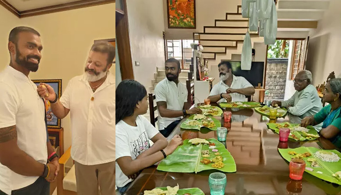 ഒളിമ്പ്യന്‍ പി. ആര്‍ ശ്രീജേഷിനെയും കുടുംബത്തെയും സദ്യയൊരുക്കി സ്വീകരിച്ച് കേന്ദ്രമന്ത്രി സുരേഷ് ഗോപി; ഒളിമ്പിക് മെഡല്‍ കാണിച്ചു കൊടുത്തു